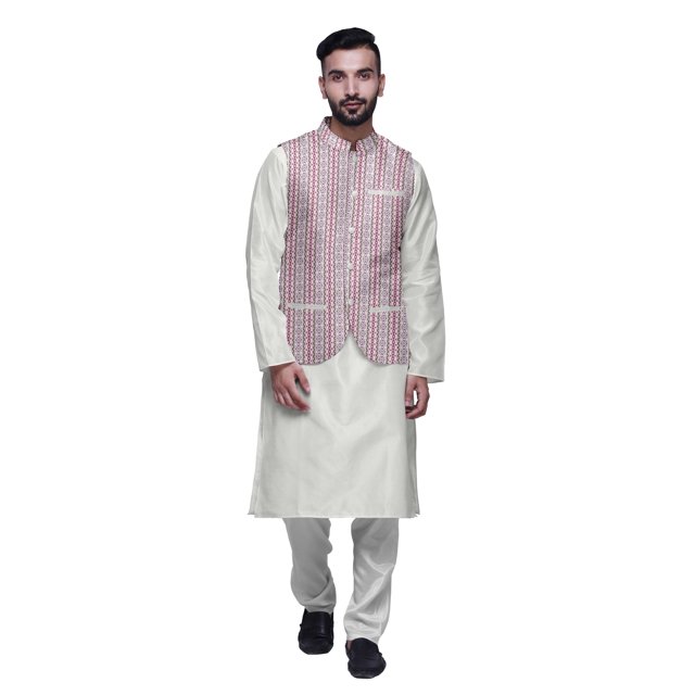 Atasi Kurta Pyjama Traditionnel Uni à Col Mandarin avec Ensemble de Veste Imprimée
