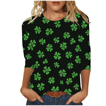 Besolor T-Shirts de la Saint-Patrick pour Femmes 2025 à Motif de Trèfle, Col Rond, Manches 3/4, Hauts Décontractés, Grande Taille, T-Shirts d'Été