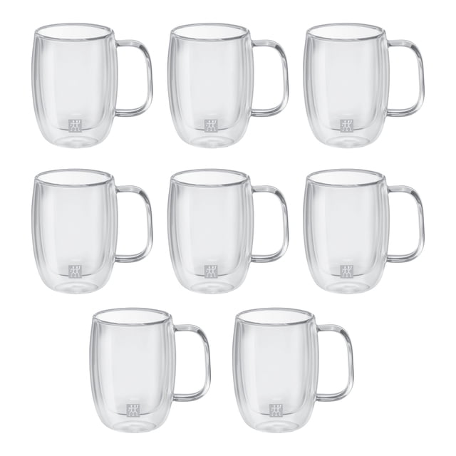 ZWILLING Sorrento Plus 8 Piece Double Espresso Mug Set featuring eight transparent 134mL (4.5 oz) mugs made from durable borosilicate glass. Each mug has a double-wall construction to maintain beverage temperature while remaining cool to the touch. The ergonomic handles provide a comfortable grip, and the lightweight design is ideal for outdoor dining. These mugs are microwave, freezer, and dishwasher safe, making them practical for everyday use and entertaining.