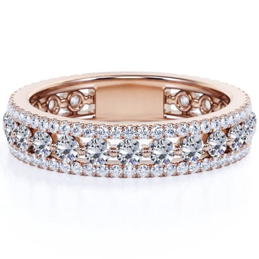 JeenMata Double Pave - 0.75 Carat Round Brilliant Cut Moissanite - Eternity Anniversary Ring - 18K Rose Gold Plating for Women