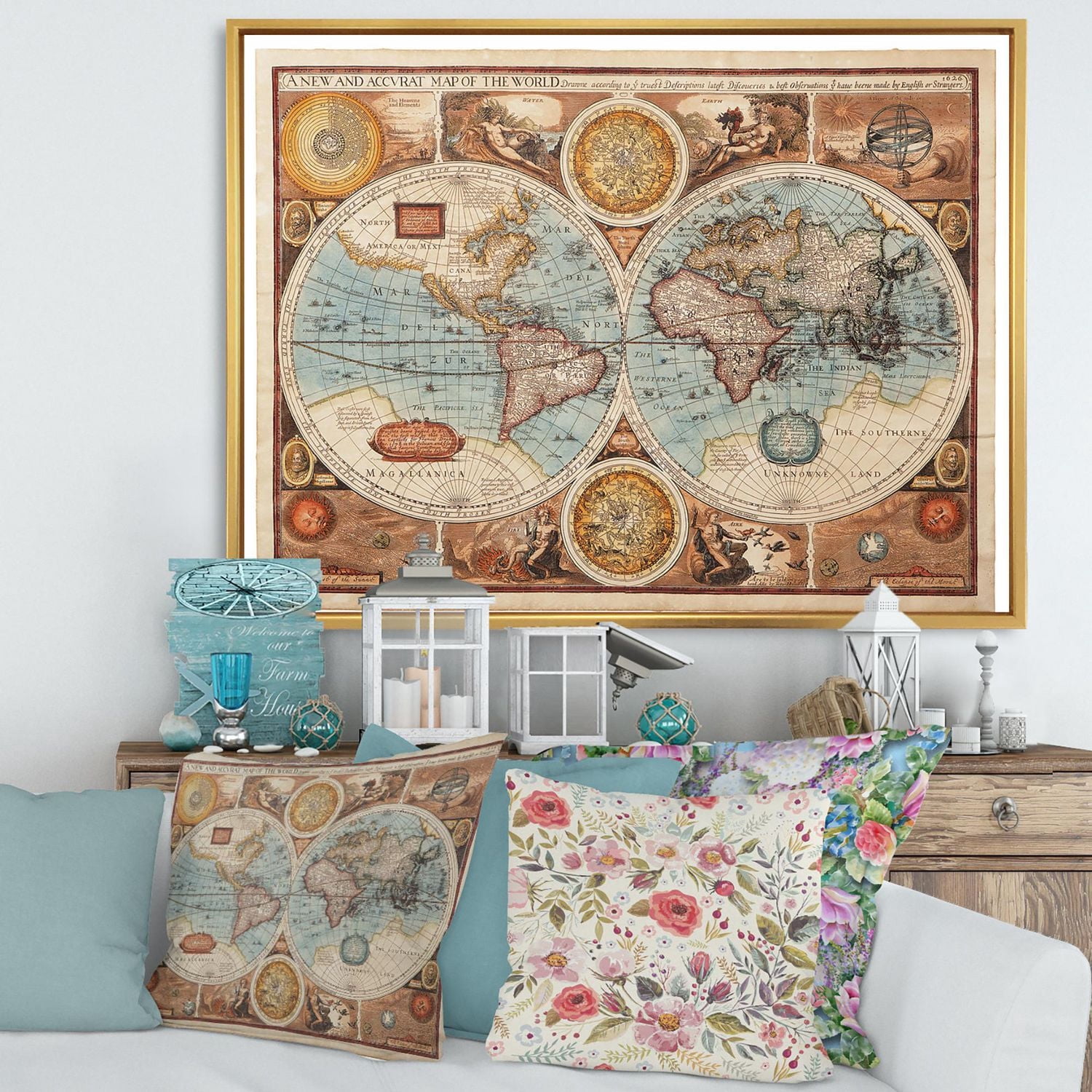 Designart Ancienne carte du monde VIII ART MURAL À CADRE FLOTT
