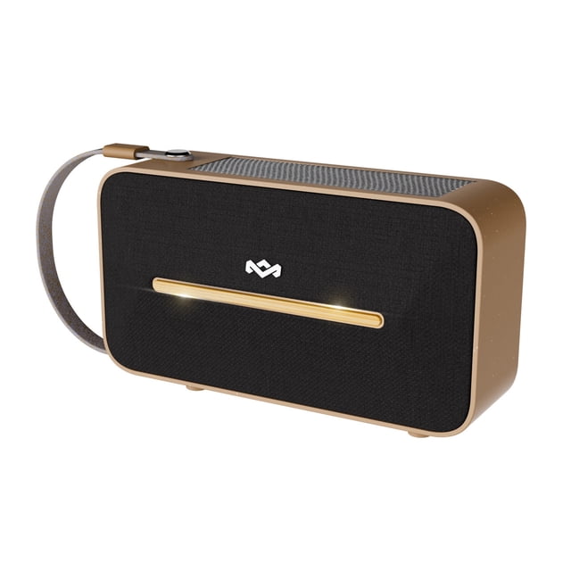 House of Marley Rise Up Solar Bluetooth Speaker in Signature Black, featuring a compact rectangular design with a black fabric front panel, bamboo accent, and a durable strap for portability. This speaker offers Bluetooth connectivity, True Wireless technology, and up to 14 hours of playtime, with an additional 5 hours via its integrated solar panel. It is IP67 waterproof, made with recycled materials, and includes features like Stereo and Party Pair modes, a quick charge option, and a built-in bottle opener.