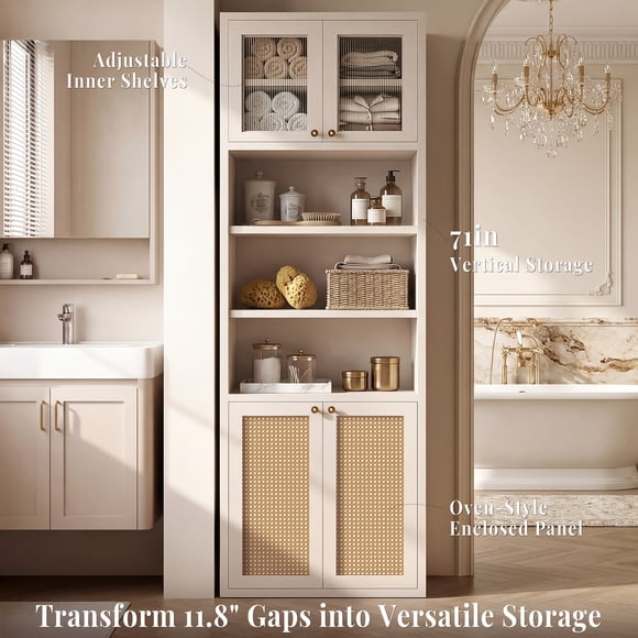 OMCHOM 71.6in Bathroom Storage Cabinet 7-Tier Freestanding Tall Organizer with with 4 Doors and 3 Drawer Shelves, Sturdy Multi-Bathroom Cabinet for for Bathroom Laundry Room, White
