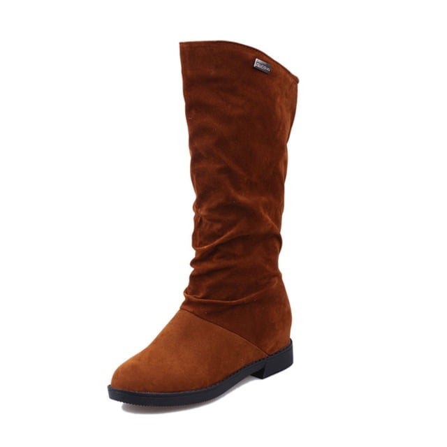 Liquidation d'Économies d'Hiver! PEZHADA Bottes Mi-Mollet pour Femmes,Bottes pour Femmes,Bottes Rondes à Talon Bas en Suède Rétro Uni Chaud pour Femmes Chaussures Brun