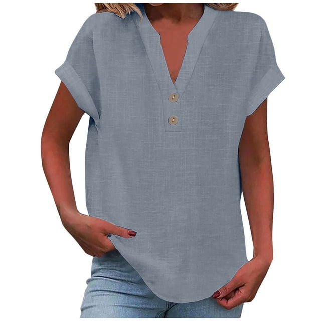 2025 Women Spring Summer Clothing Rayon Tops for Women Solid Button Back Ruffled Ladies T Shirt Tops Trim Blouse Casual Short T Shirt Women V Neck Sleeve Blouse