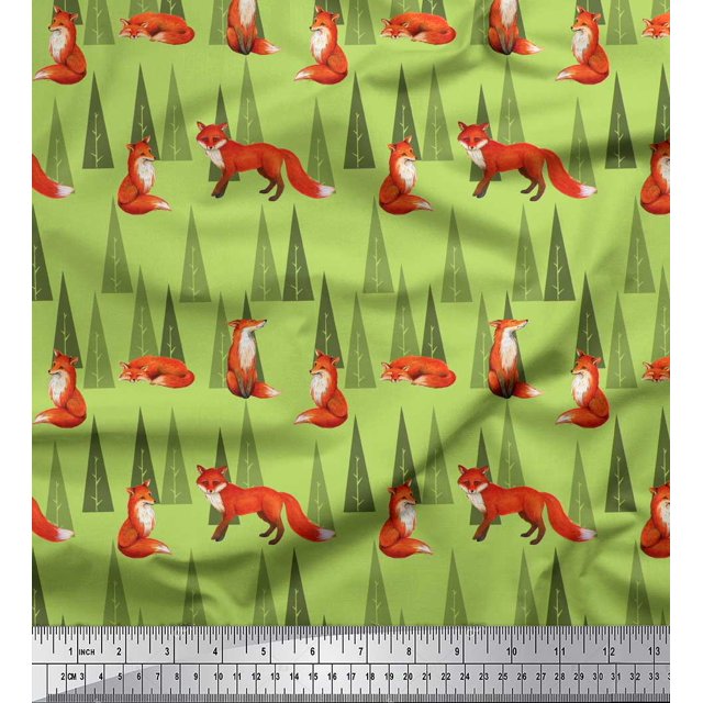 Soimoi Green Modal Satin Fabric Artistic Tree & Wolf Animal Fabric Prints By Yard 42 Inch Wide