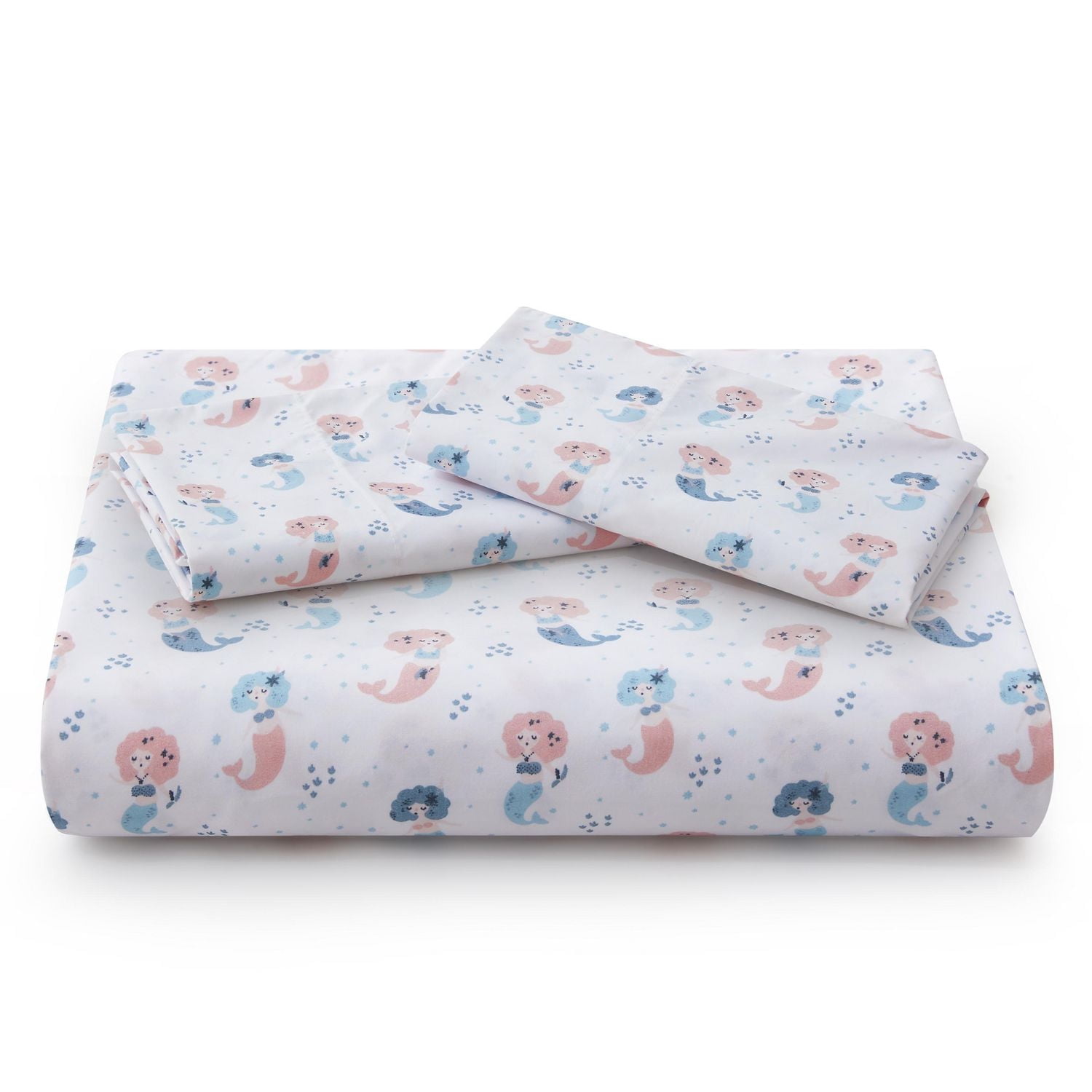 Marina Decoration Kids Girls Toddlers Cute Printed 600 Thread Count Soft Cotton Blend Percale Duvet Cover Set with Corner Tie and Zipper, Cartoon Mermaid Pattern