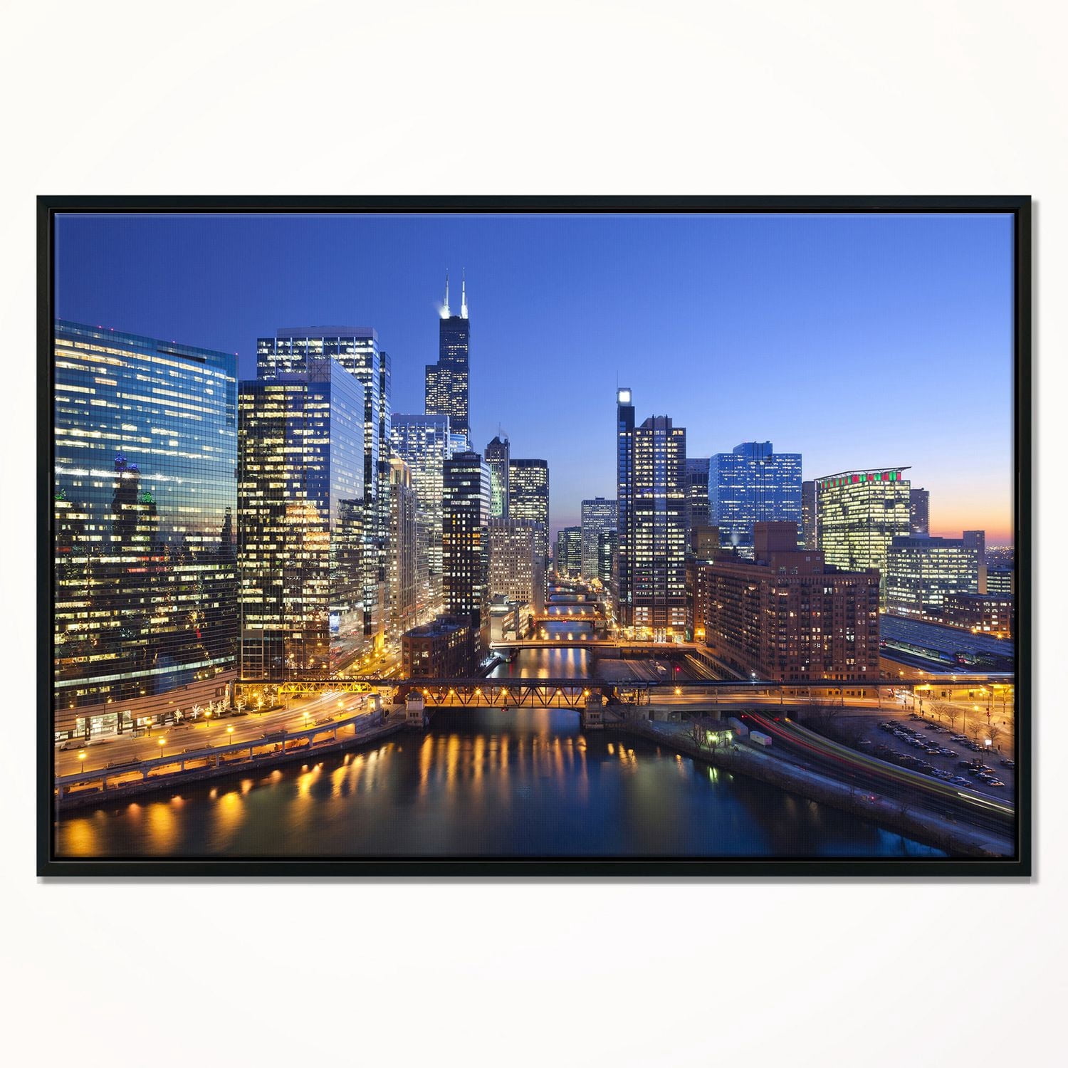 Design Art La Rivière De Chicago Avec Des Ponts Au Coucher Du Soleil Sur Toile Encadrée