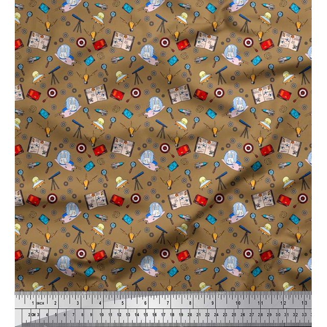 Soimoi Georgette Viscose Fabric Book,Magnifier & Telescope Education Theme Print Sewing Fabric Yard 42 Inch Wide