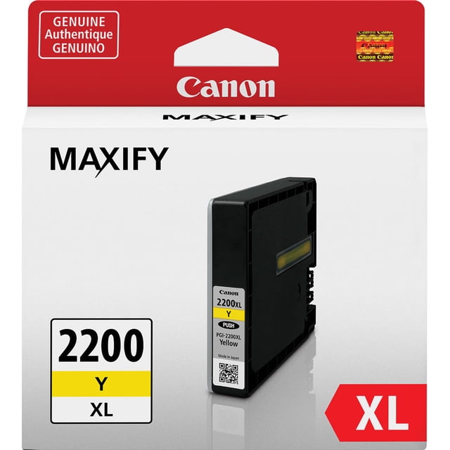 Canon PGI-2200 XL Yellow Pigment Ink Tank for MAXIFY printers, black rectangular cartridge with yellow 2200 Y XL label, in genuine Canon packaging with red and white branding, designed for high-yield, durable printing.