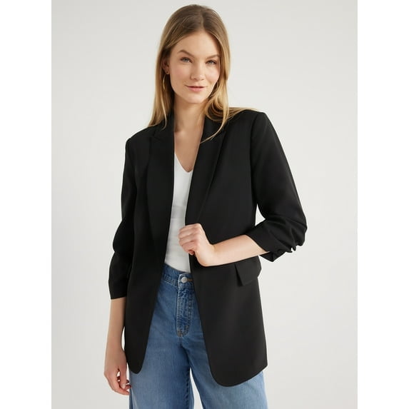 Scoop Blazer en Crêpe à Manches Froncées pour Femmes avec Boutons, Tailles TP-TG