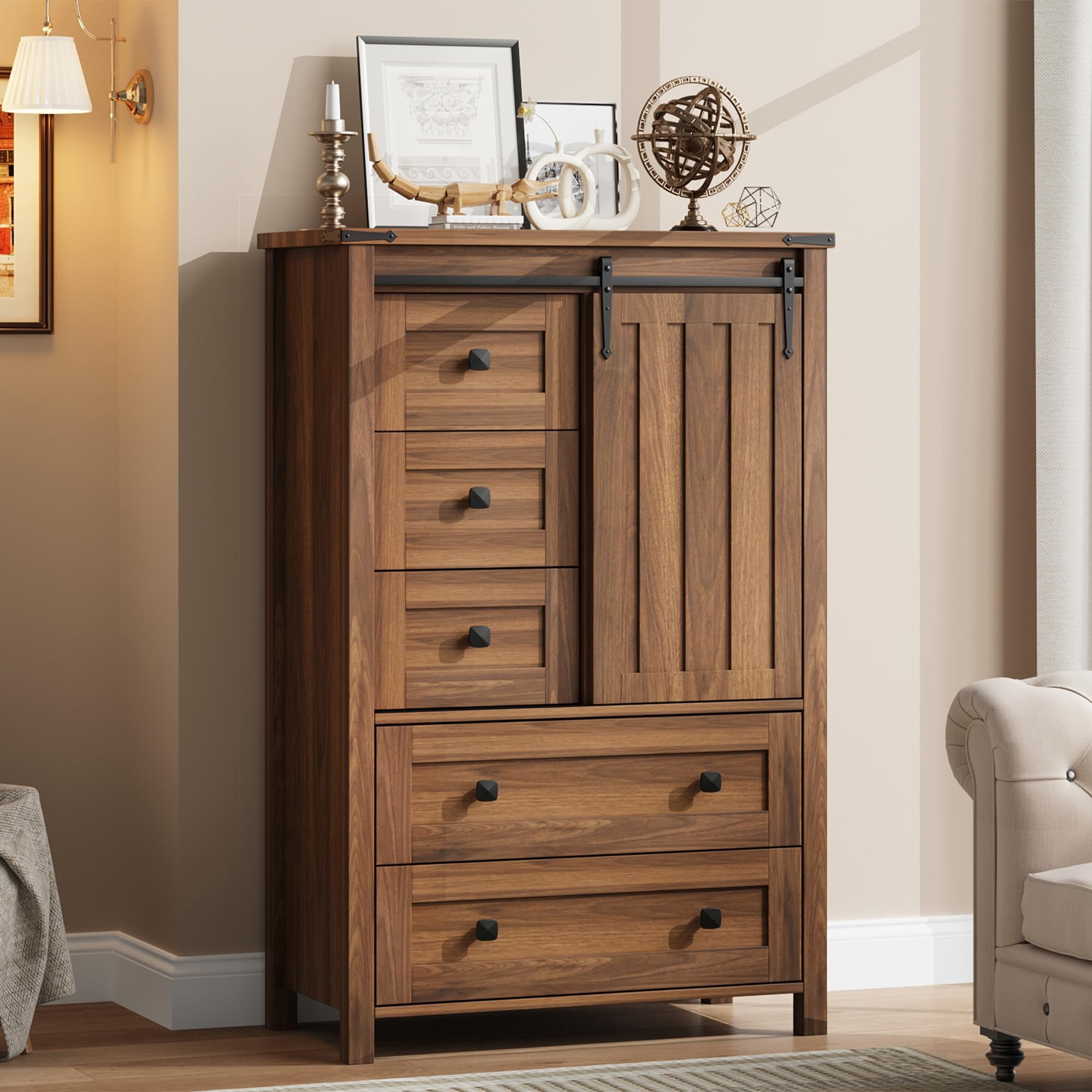 5 Drawers Dresser for Bedroom, Farmhouse Tall Chest of Drawers with Sliding Barn Door, Storage Organizer Dresser with Adjustable Shelves for Bedroom, Living Room, Hallway, Kitchen