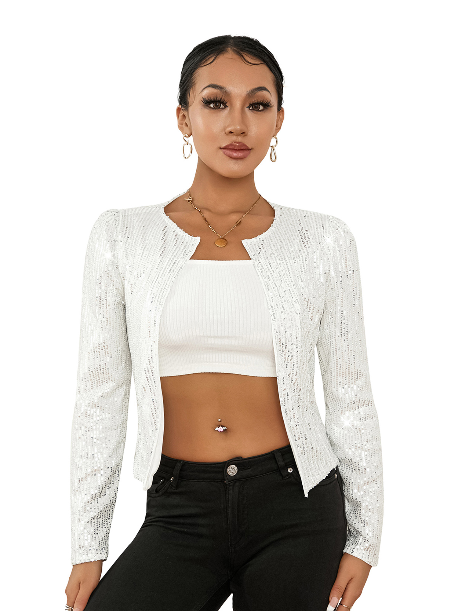 Kmbangi Women Sequined Jacket, Long Sleeve Open Front Fall Ladies Cardigan for Club Party