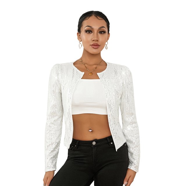 Kmbangi Women Sequined Jacket, Long Sleeve Open Front Fall Ladies Cardigan for Club Party