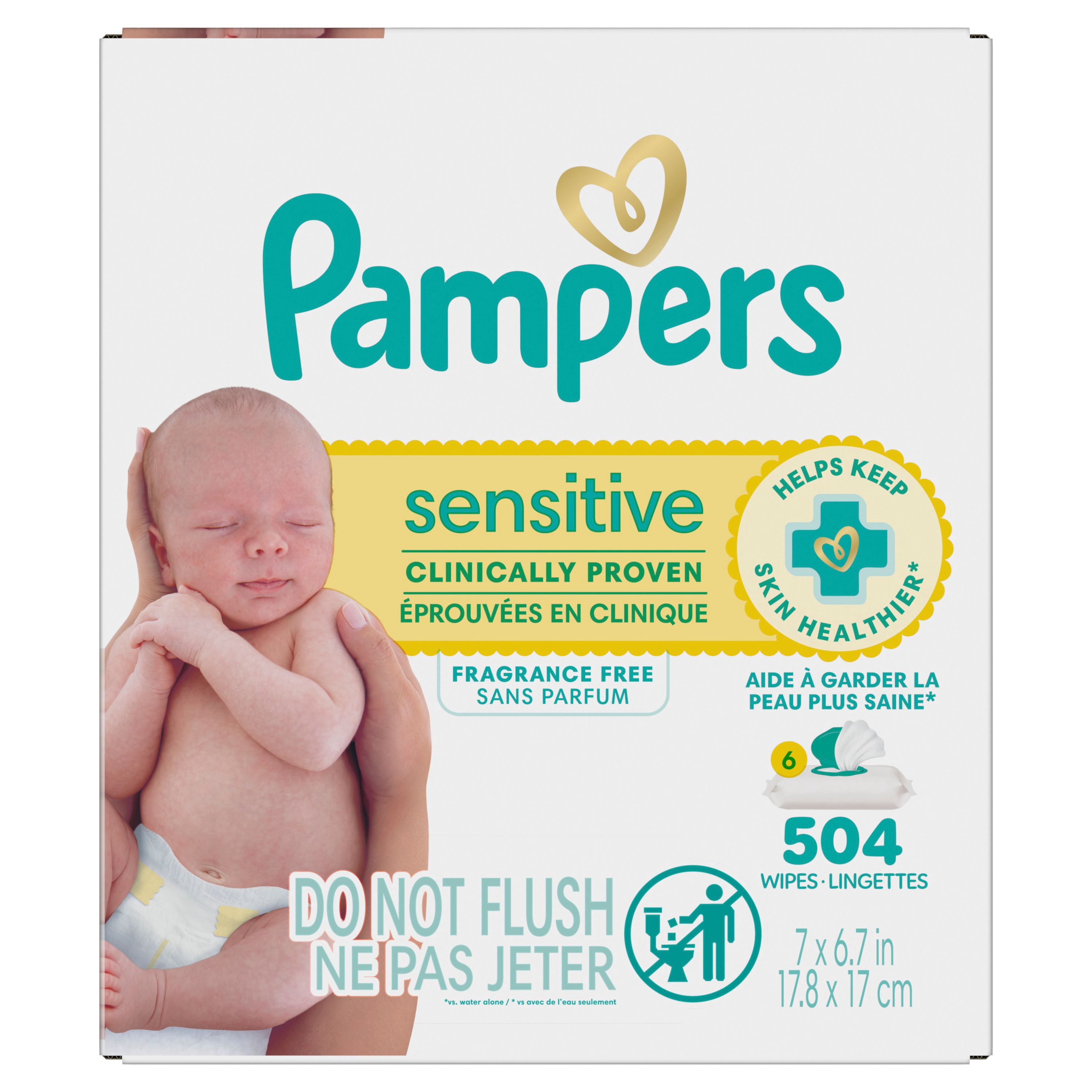 Baby Wipes Pampers Sensitive, Clinically Proven, Fragrance Free, Water Based, Hypoallergenic Baby Wipes, 504 Baby Wipes Total (6X Flip-Top Packs)