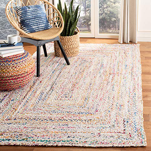 Safavieh Braided Collection BRD210B Handmade Boho Reversible Cotton Area Rug, 8' x 10', Ivory / Multi