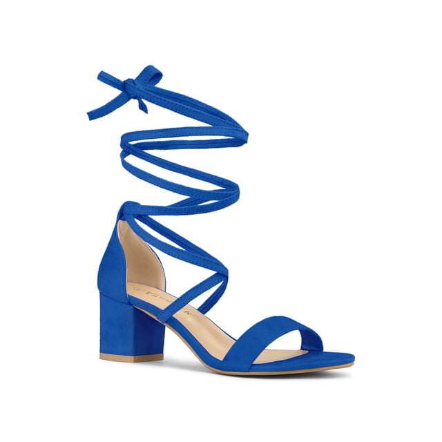 BLISSFUL STEP Women's Open Toe Lace up Sandals Mid Block Heels Sandals Royal Blue 10