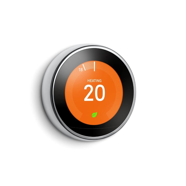 Google Nest Learning Thermostat - 3rd Generation - Stainless Steel with a round stainless steel frame and 2.08-inch LCD display showing heating at 20°C with an orange background and green leaf energy-saving icon, ideal for smart home temperature control and system alerts.