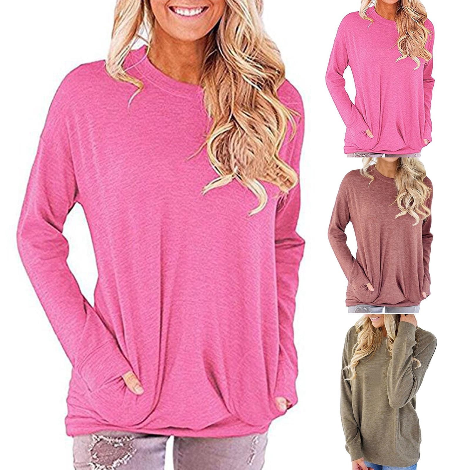 Mode Femme T-Shirt à Manches Longues Col Rond Été Poche Solide Blouse Ample, Été Grande Taille Hauts Amples pour Femmes en Solde