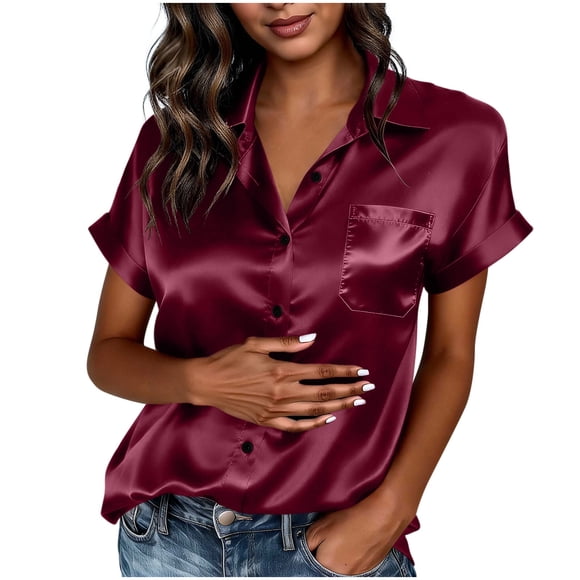 BLVB Satin Button down Shirt for Women Short Sleeve Silk Blouse V Neck Work Office Blouse Dressy Elegant Casual Business Shirt Top