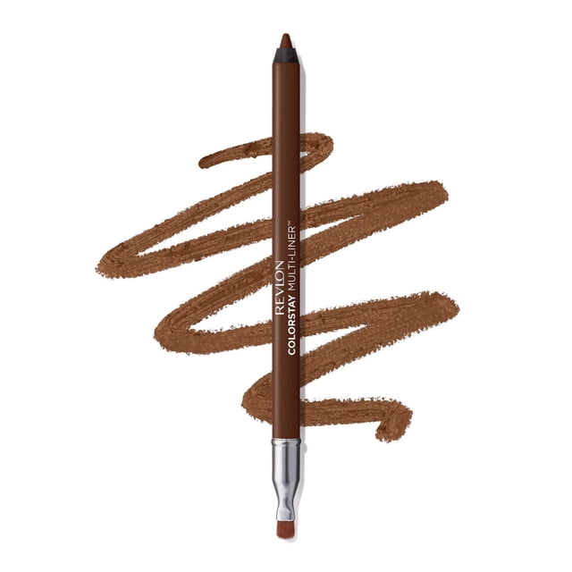 ColorStay Multi-LinerTM Crayon de Maquillage Brun avec Formule gel Crémeuse, Doté d'Une Pointe pour une application Précise des Lèvres, du Visage et des Yeux et d'Un Pinceau Estompeur Intégré, Montré avec un Éclat de Contour Brun sur Fond Blanc, Anti-Transfert et Anti-Embrassement pour une Tenue Longue Durée.