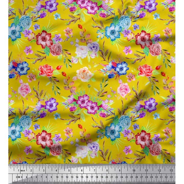 Soimoi Poly Georgette Fabric Leaves, & Rose Floral Fabric Prints by Yard 52 Inch Wide