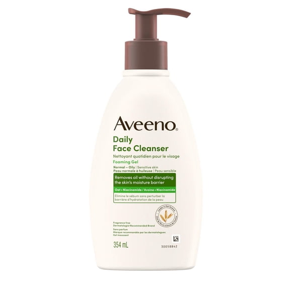 Aveeno Daily Facial Cleanser, Gentle Foaming Gel Face Wash for Normal to Oily Skin, Removes Oil Without Disrupting Skin's Moisture Barrier, Oat + Niacinamide, Fragrance Free, 354 mL