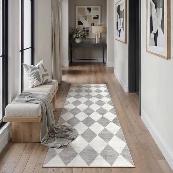 BERTHMEER 2'x6' Runner Rugs for Hallway Bathroom Bedroom Entryway Kitchen Non Slip Geometric Modern Rhombus Checkered Contemporary Washable Indoor Runner Rugs,Gray