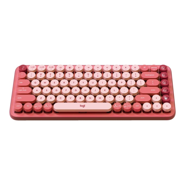 Logitech POP Keys Clavier Sans Fil au Schéma de Couleurs Heartbreaker, avec Touches Mécaniques Rondes de Style Machine à Écrire et Interrupteurs Bruns. le design compact Comprend des Touches emoji Interchangeables, des Raccourcis Personnalisables et la Compatibilité avec Plusieurs Appareils via Bluetooth Le Ou Logi Bolt Récepteur USB. le Clavier Est Présenté dans une Vue Orientée vers l'Avant, Mettant en Valeur Ses Tons Roses et Rouges Vibrants et Son Esthétique Rétro.