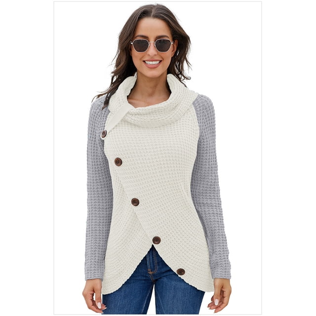 Pulls Femmes Chauds Asymétriques Tricotés Col Roulé Unis Enveloppants Manches Longues Chemises Tops Décontractés TG