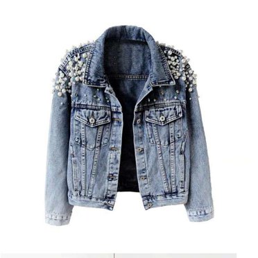 Pincandy Veste en Jean pour Femme, Veste Courte en Denim Brodée à Rivets et Perles