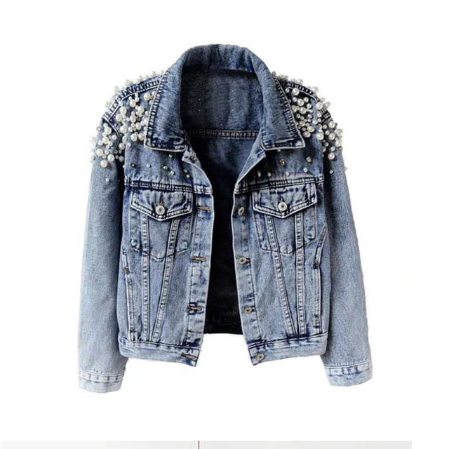 Pincandy Veste en Jean pour Femme, Veste Courte en Denim Brodée à Rivets et Perles