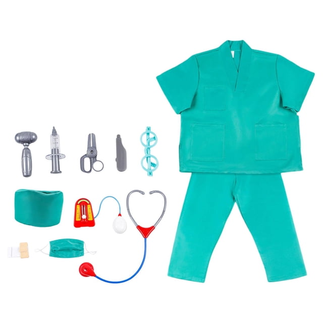 Costume Mignon pour Enfants Cosplay, Tenue de Chirurgie pour Fêtes Filles Garçons Enfants P. Comprend un Haut en polyester Sarcelle, Pantalon Assorti, Chapeau et 8 Accessoires Jouets Incluant un Stéthoscope, une Seringue et des Ciseaux. Parfait pour les costumes d'Halloween pour Enfants, le Cosplay et les Activités de Jeu de Rôle.