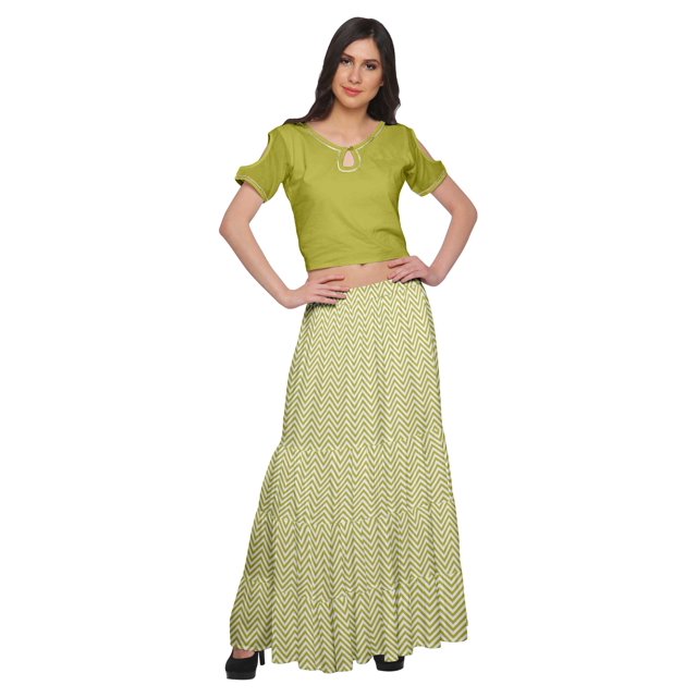 Moomaya Printed Rayon Cold Shoulder Crop Top And Skirt Ethnic Set For Women
