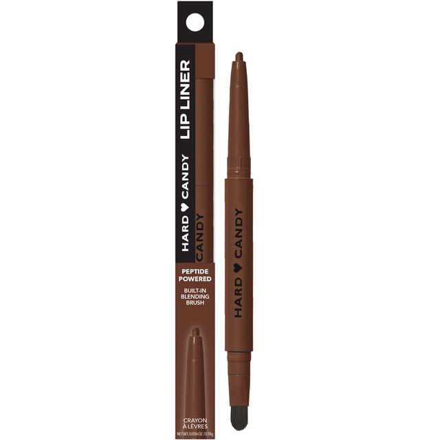 Hard Candy, INSTA POUT Lip Liner in brown with peptide-powered formula and built-in blending brush, featuring retractable crayon tip for precise lip contouring and plumping, suitable for use alone or under lip gloss.