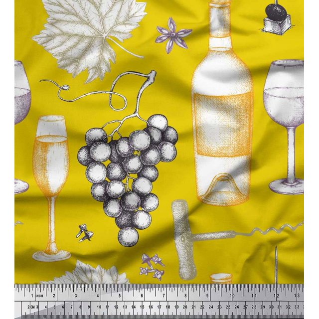 Soimoi Poly Georgette Fabric Grapes,Wine Glass & Bottle Decor Fabric Printed Yard 52 Inch Wide