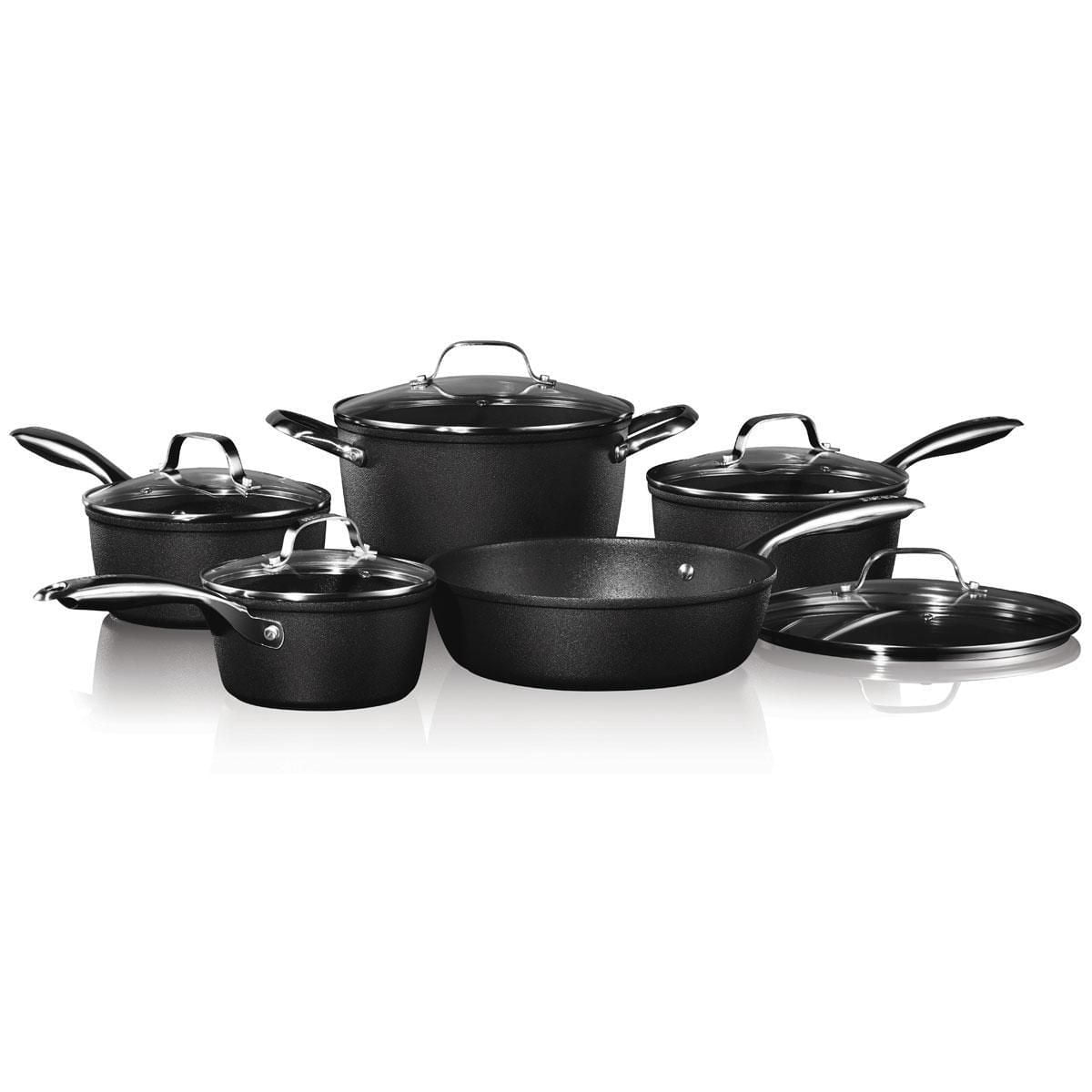 Starfrit The Rock Diamond 10pc Non-Stick Cookware Set, Durable Forged Aluminum, Oven Safe, PFOA Free, Easy to Clean, Black