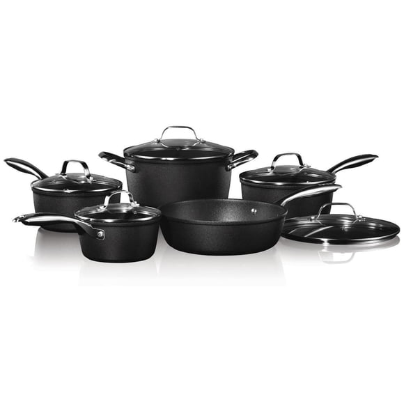 Starfrit The Rock Diamond 10pc Non-Stick Cookware Set, Durable Forged Aluminum, Oven Safe, PFOA Free, Easy to Clean, Black