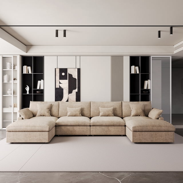 The Magic Home 4-Seater Cloud Modular U-Shaped Linen Sectional Sofa, Khaki