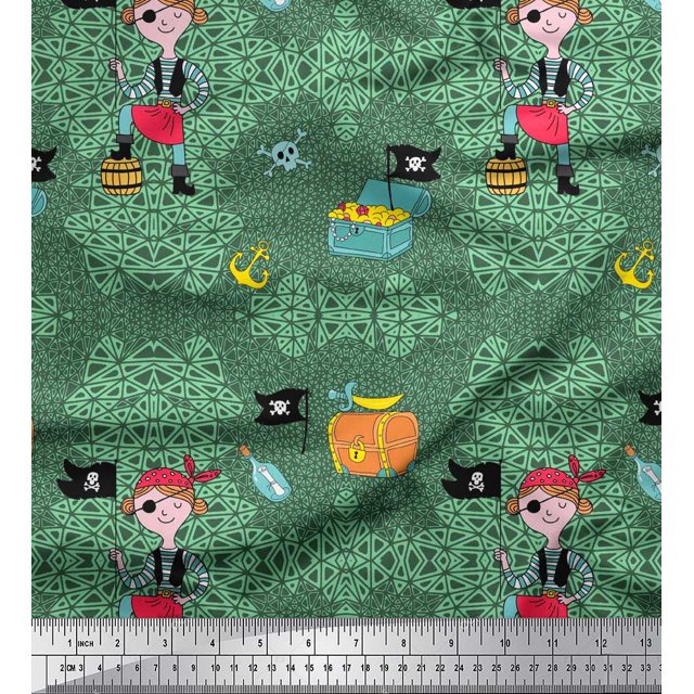 Soimoi Silk Fabric Flag,Treasure Box & Pirate Boy Nautical Printed Craft Fabric by The Yard 42 Inch Wide