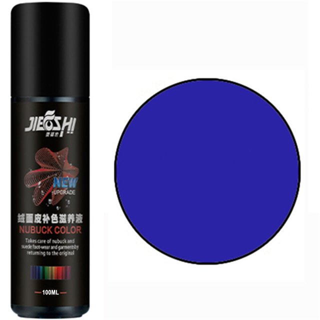 Aodebiao Suede & Leather Color Restorer Spray – 75ml bottle with quick-dry formula for restoring faded suede and leather on sneakers, boots, bags, and jackets. Ideal for shoe care and leather restoration, it includes a precision applicator for even application. Displayed with a vibrant blue color swatch, showcasing one of the available color options.
