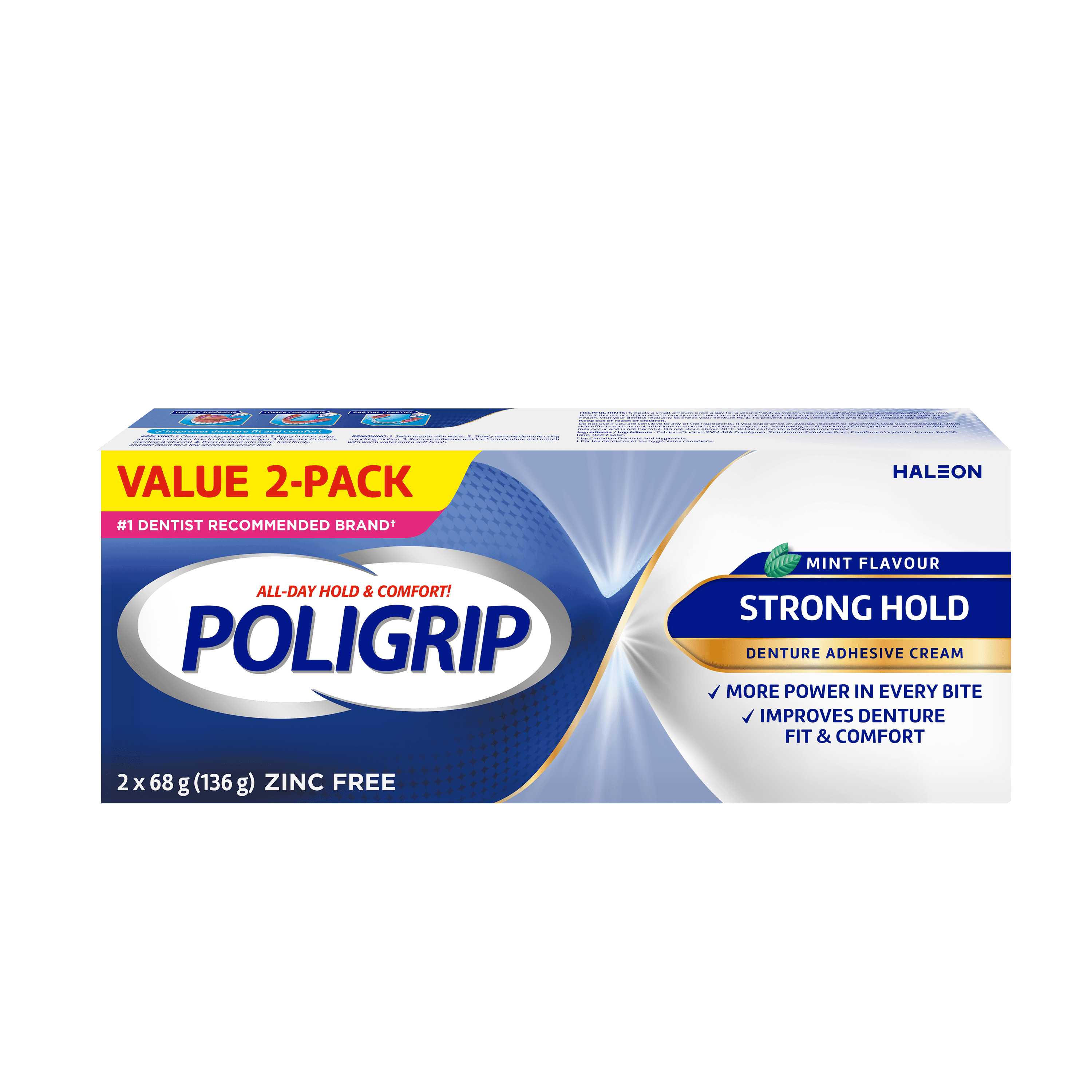 Poligrip Strong Hold Denture Adhesive Cream, Zinc Free, 2x68g tubes