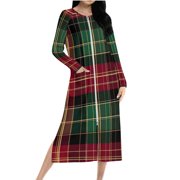 Womens Christmas Nightgowns Long Sleeve Xmas Plaid Bathrobe Zipper Front Housecoats Split Holiday Sleepwear Green, XL