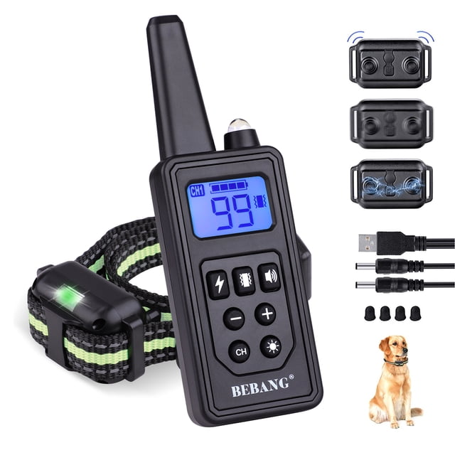 BEBANG Dog Training Collars, featuring a black remote with a blue LED display and multiple control buttons, alongside a black and green adjustable collar with a built-in LED light. Includes three training modes: beep, vibration, and shock, with intensity levels from 1 to 99. The set also includes USB charging cables, conductive silicone prongs, and a test light. Designed for dogs weighing 10 to 110 lbs, the collar is waterproof (IPX7) and offers a control range of up to 880 yards. Suitable for correcting barking, chewing, and other behaviors.