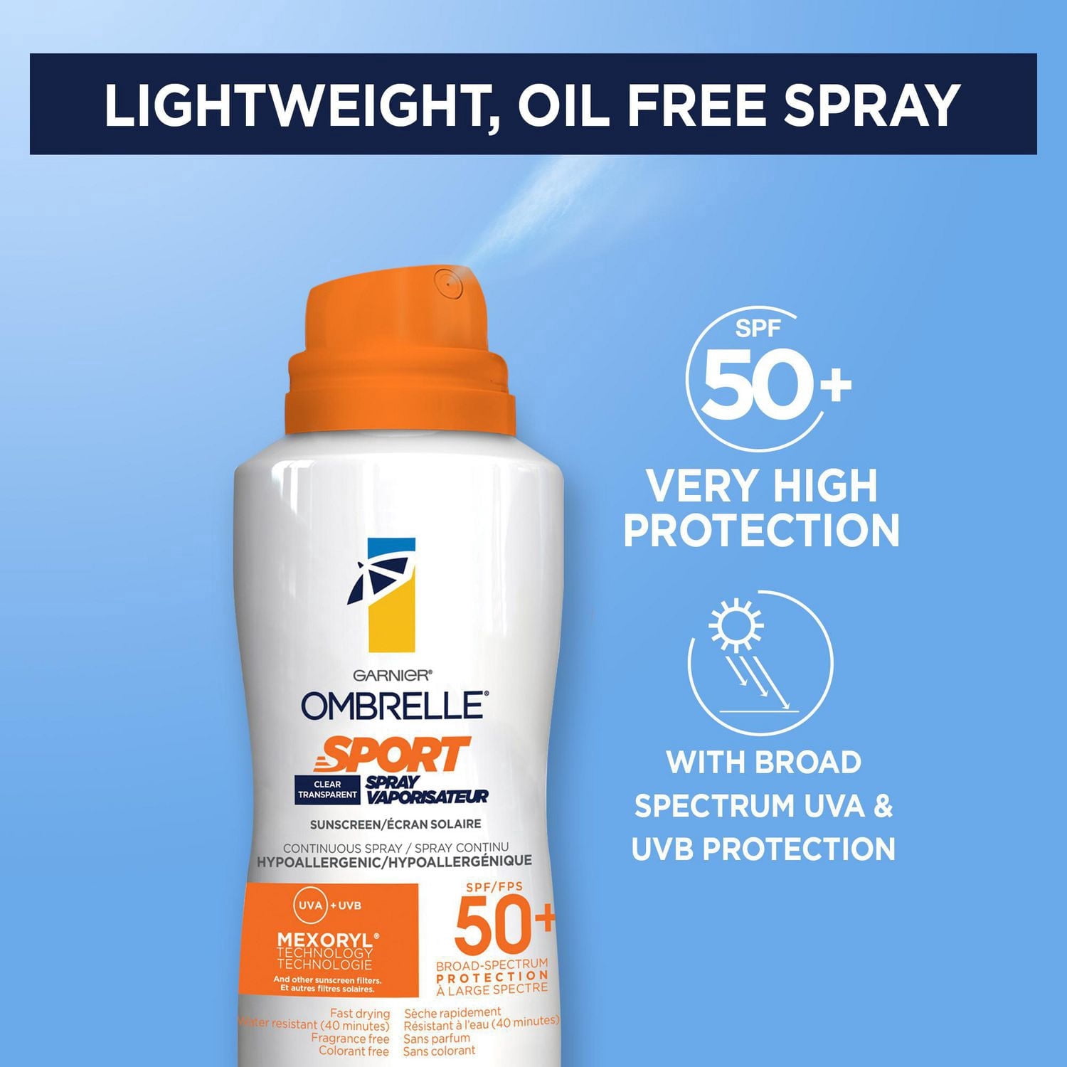 Garnier Ombrelle Spray solaire Sport, FPS 50+, résistant à l'eau et à la transpiration, large spectre de protection UVA/UVB, formule non grasse, séchage rapide, pour une utilisation active, 122 g