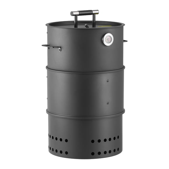 KFFKFF Charcoal Smoker Grill, 18.5" Barrel Charcoal BBQ Smoker, Coated Steel Outdoor Barbecue Grill with 2 Grilling Grates, 1 Hanging Rod, 6 Hooks & Thermometer
