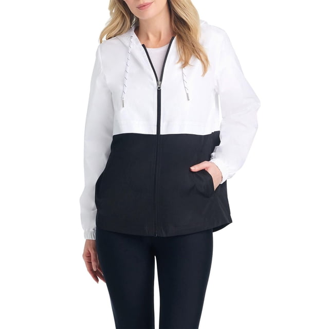 Details Women's Color Block Windbreaker in white and black with center front zip, attached hood with white drawcords, elastic cuffs, and two front welt pockets, water-resistant with a relaxed fit, shown front-facing on a model from waist up.