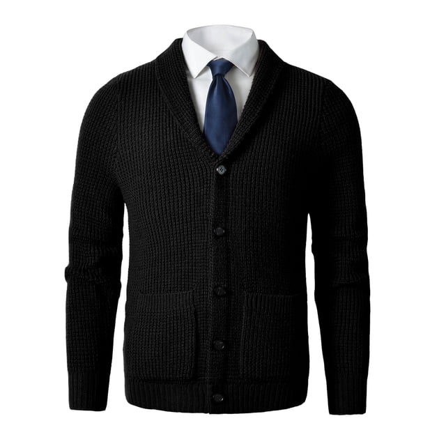 Men's Shawl Collar Cardigan Sweater Slim Fit Cable Knit Button up Merino wool Sweater_Black_Small