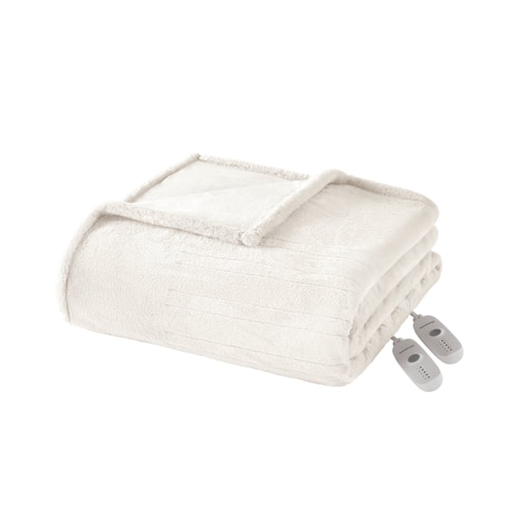 Refurbished Beautyrest Luxury Faux Fur Heated Blanket, Queen Size, Dual Controllers, 5 Heat Settings, White