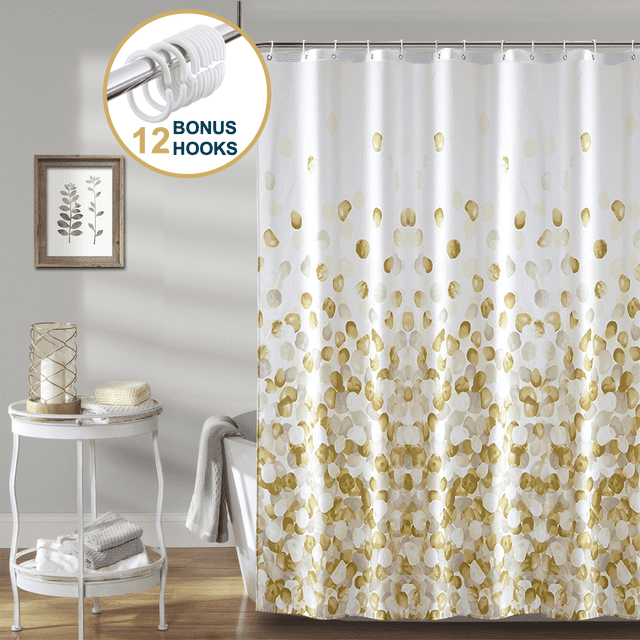 ComfiTime Rideau de Douche - Rideau de Salle de Bain en Tissu Robuste Résistant à la Moisissure, Imperméable, Lavable à la Machine, Ourlet Lesté, Motif Floral Rose Petal, 72 Pouces L x 72” H, Or Jaune